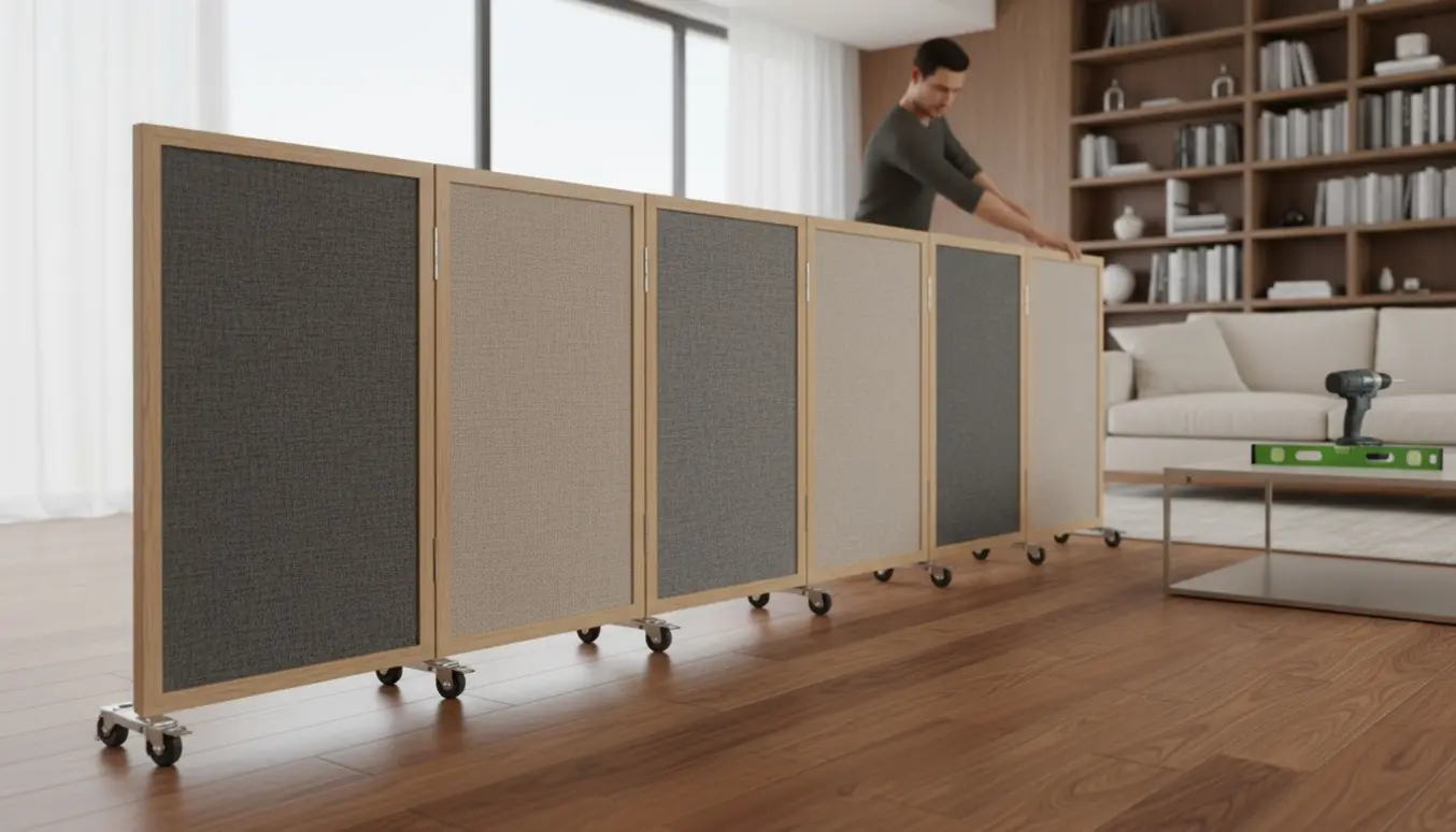 Et rullende rumdelingspanel i en moderne stue, monteret på hjul med teksturerede træ- og stofpaneler.