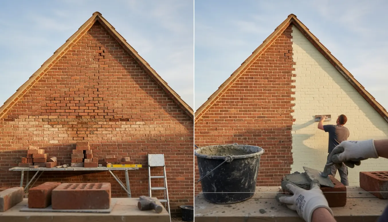 Murere murer og pudser en gammel rød murstensgavl med mørtel og håndværktøj i blødt dagslys.