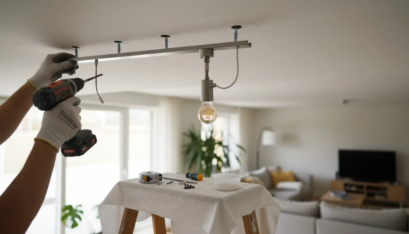 Hænder monterer en lightswing-skinne og indsætter rawlplugs i et gipsloft.