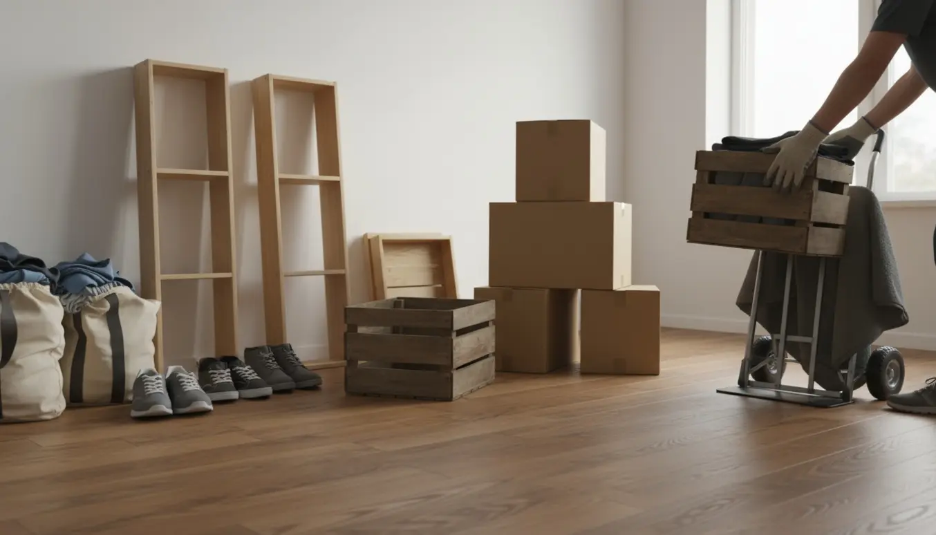 Flytning i lille lejlighed med kasser, en trækasse, tre små reoler og poser med tøj og sko.