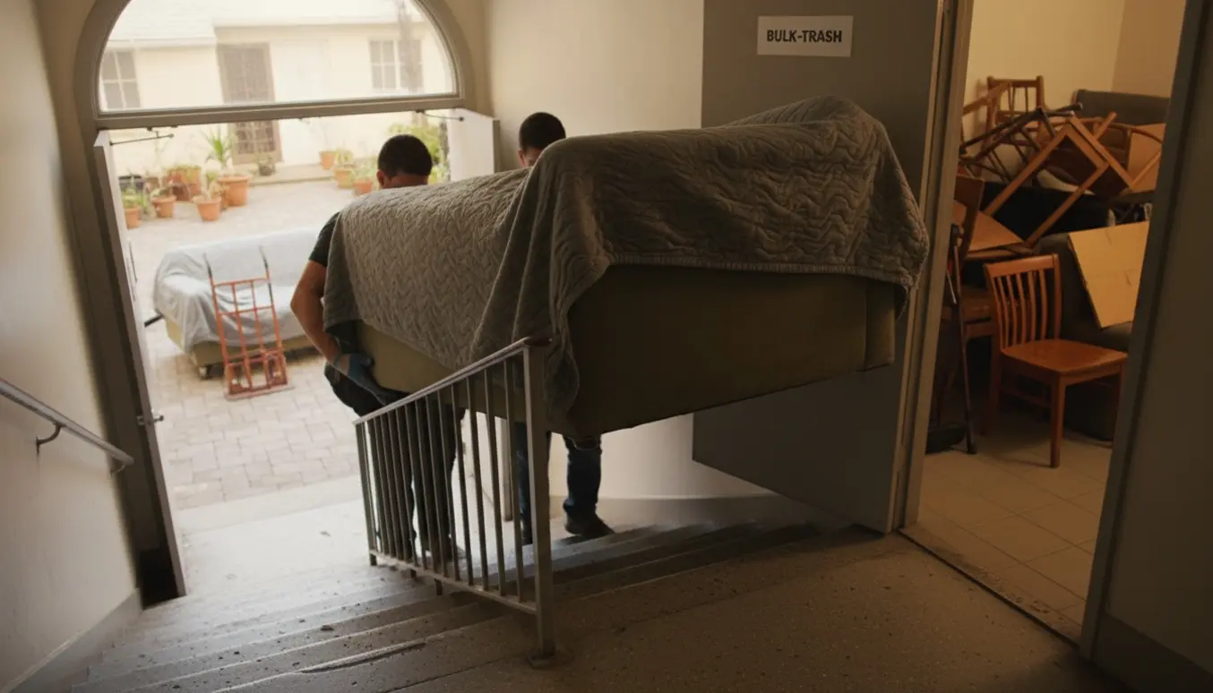 To personer bærer en sofa ned ad en trappe mod gårdens storskraldsrum.