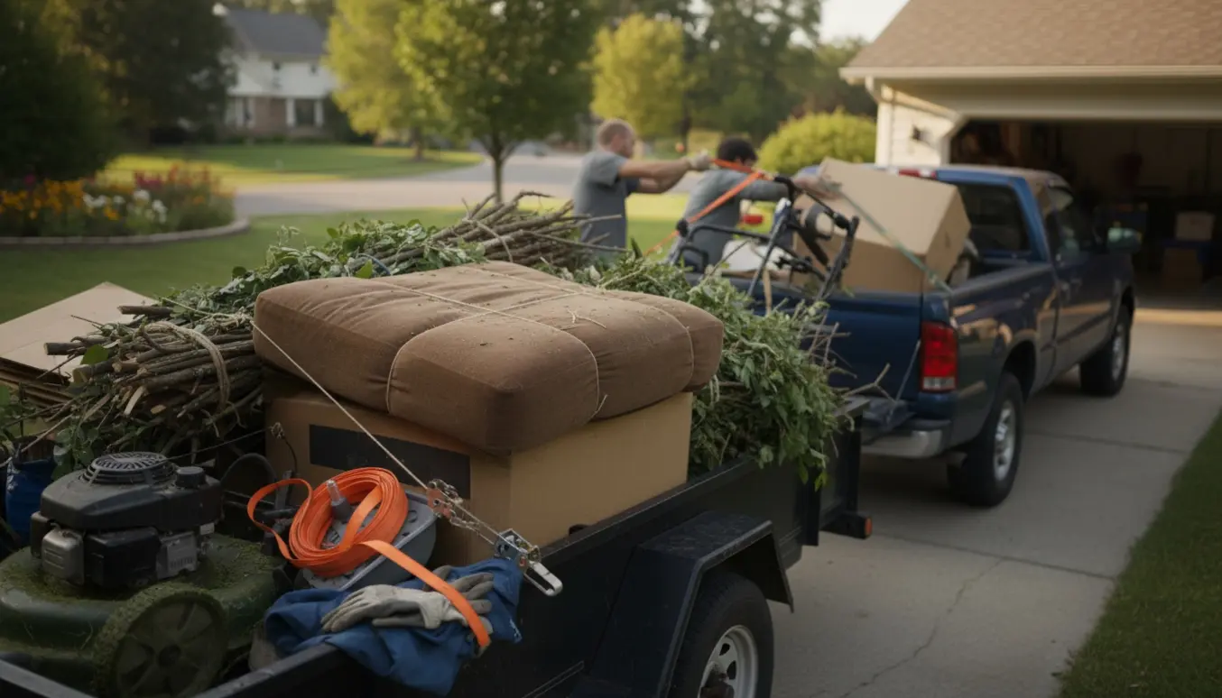 En pickup med trailer lastet med haveaffald og gamle møbler klar til at blive kørt på lossepladsen.