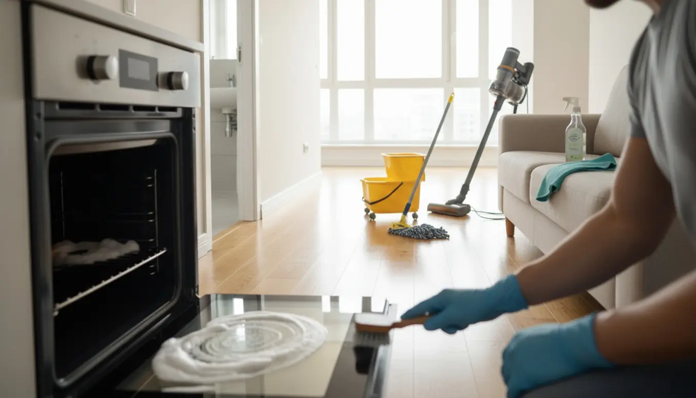 Rengøringshjælp i handsker gør hovedrengøring i en solbeskinnet lejlighed med moppe, spand og åben ovn.