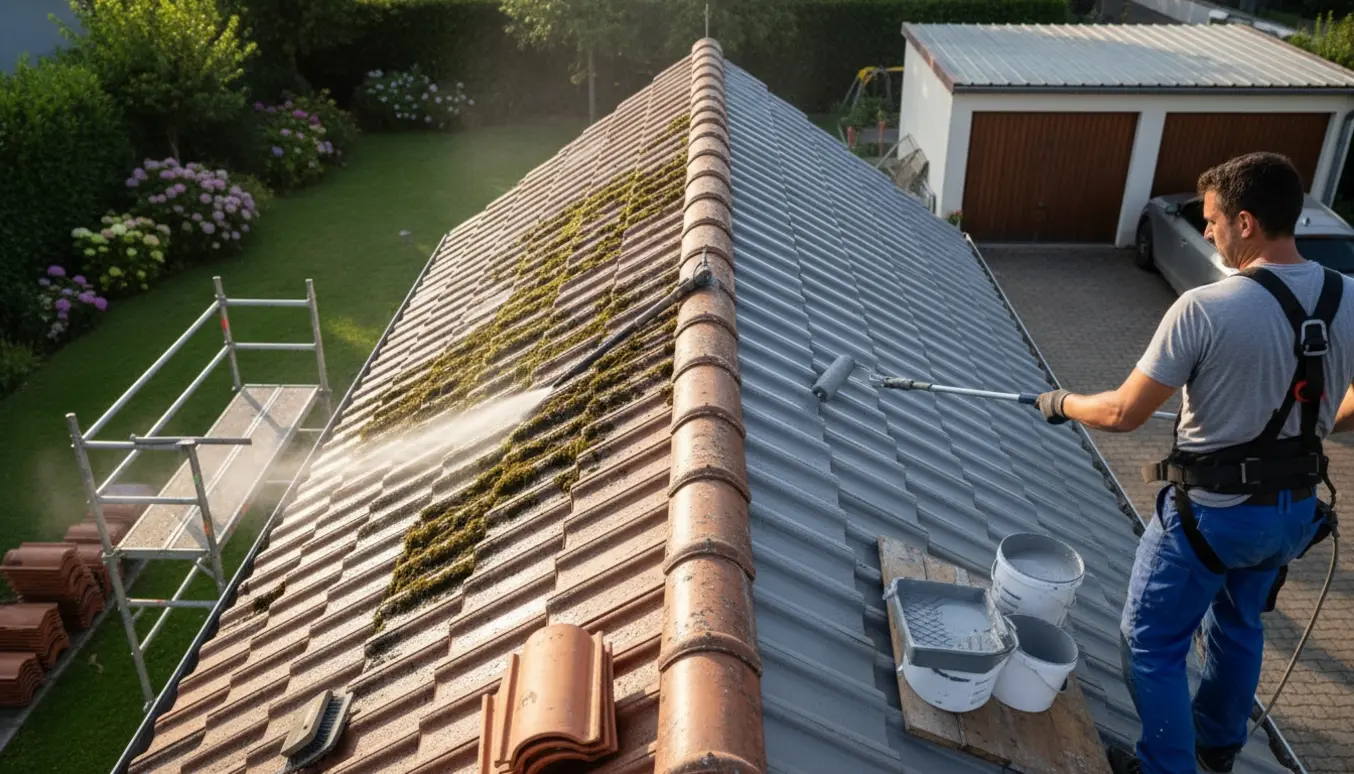 Udsnit af tagrensning og maling på et 40° skråt tag med værktøj og reservetagplader.