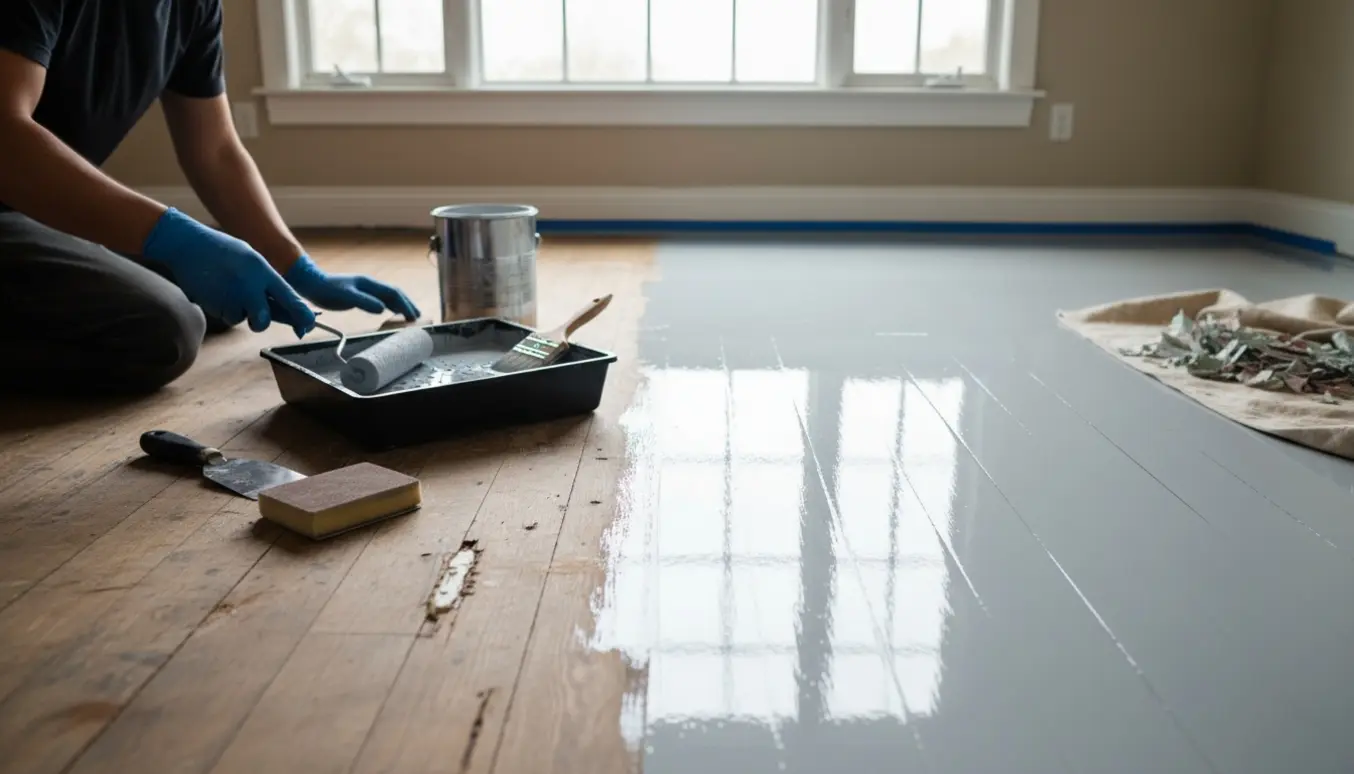 Hænder maler et gammelt trægulv lysegråt med rulle, to små revner og højglans finish synlig.