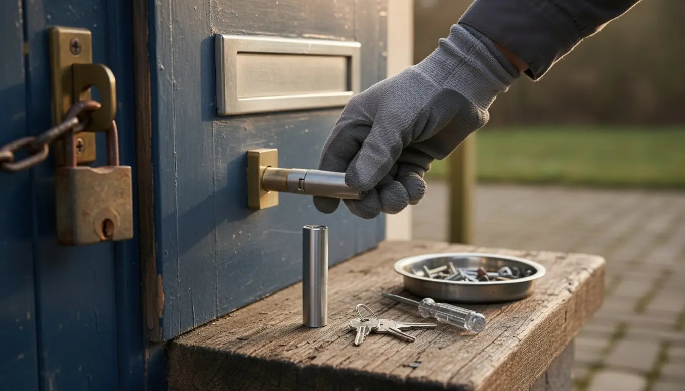 Hånd der skifter låsecylinder i en fordør med postkasselåge og hængelås i nærheden.