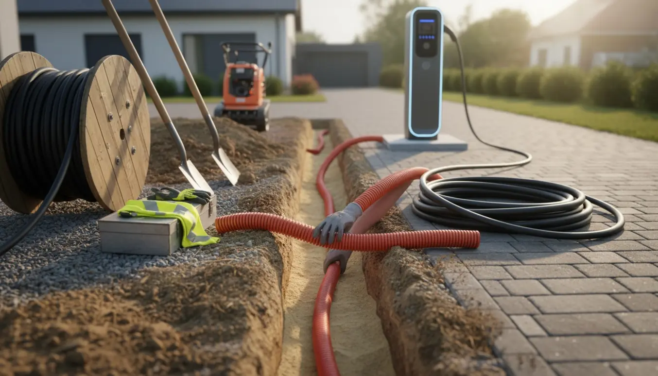 Nygravet kabelrende langs en indkørsel med trukket kabel og en el-lader i baggrunden.
