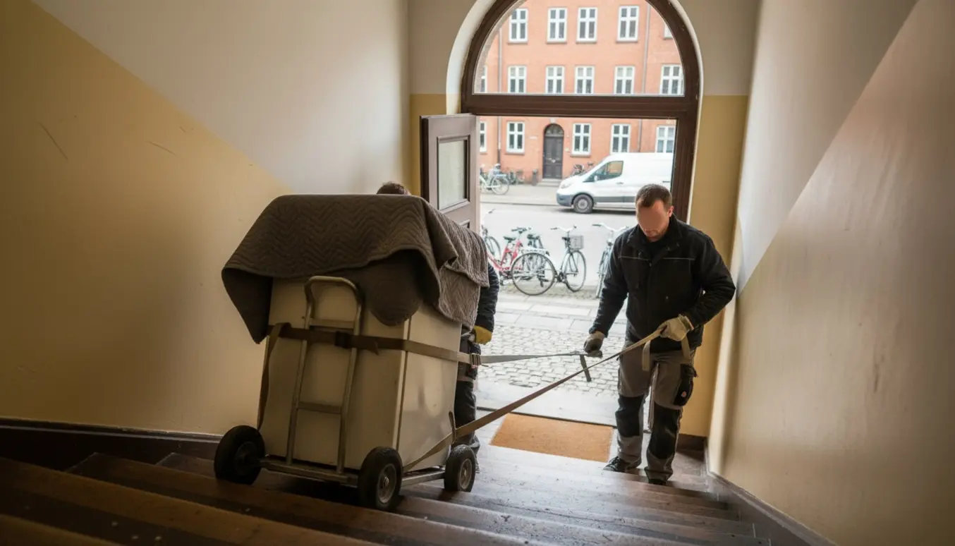 Et mindre køleskab bæres ned ad en trappe i Nørrebro af to personer med flytteudstyr.