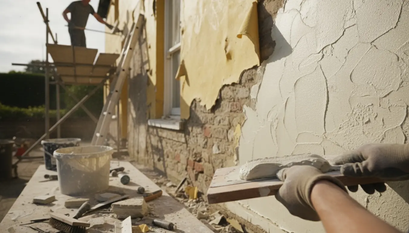 Nærbillede af hænder, der pudser facaden med frisk kalkmørtel foran stillads under renovering af et gammelt hus.