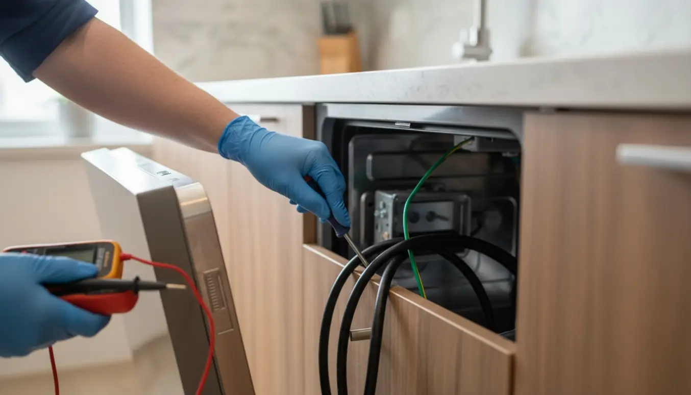 Tekniker tjekker jordforbindelsen i en indbygget opvaskemaskine bag et køkkenskab.
