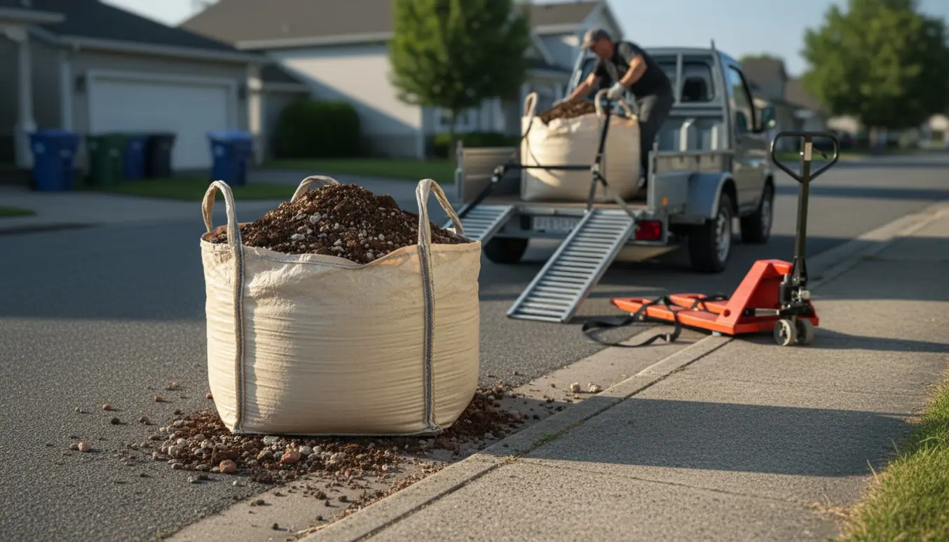 En stor bigbag med blandet jord ved fortovet, klar til at blive læsset på en trailer.