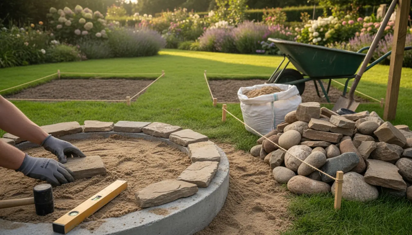 Sten lægges tilbage omkring en repareret brønd med sand, trillebør og håndværktøj.
