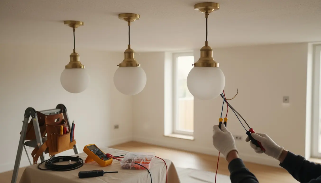 Elektriker på stige forbinder en loftslampe med multimeter og værktøj ved siden af.