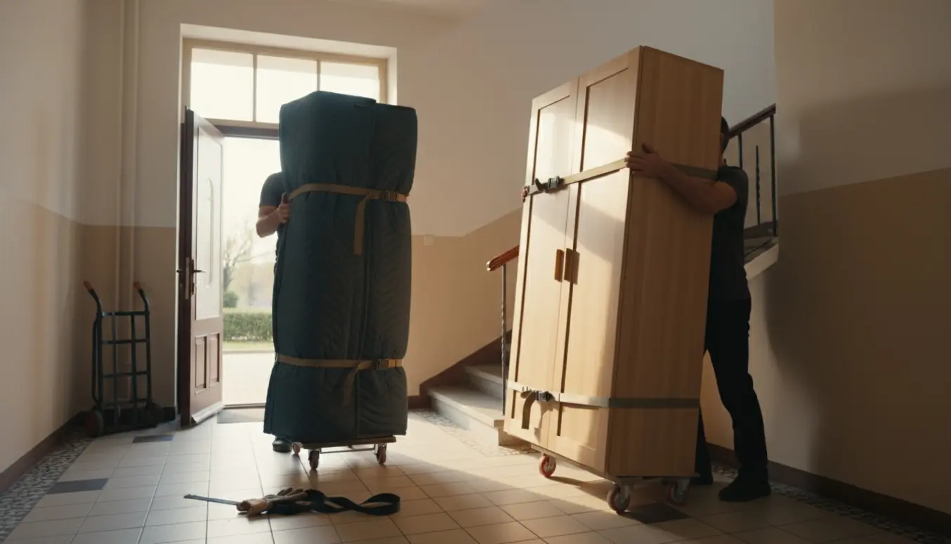 To massive birkeskabe bæres op ad en bred trappe fra gadedøren mod 2. sal.