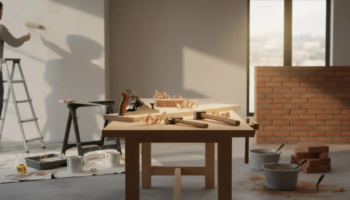 Værktøj og tre arbejdszoner med tømrerarbejde, maler på stige og murer med mursten i naturligt lys.