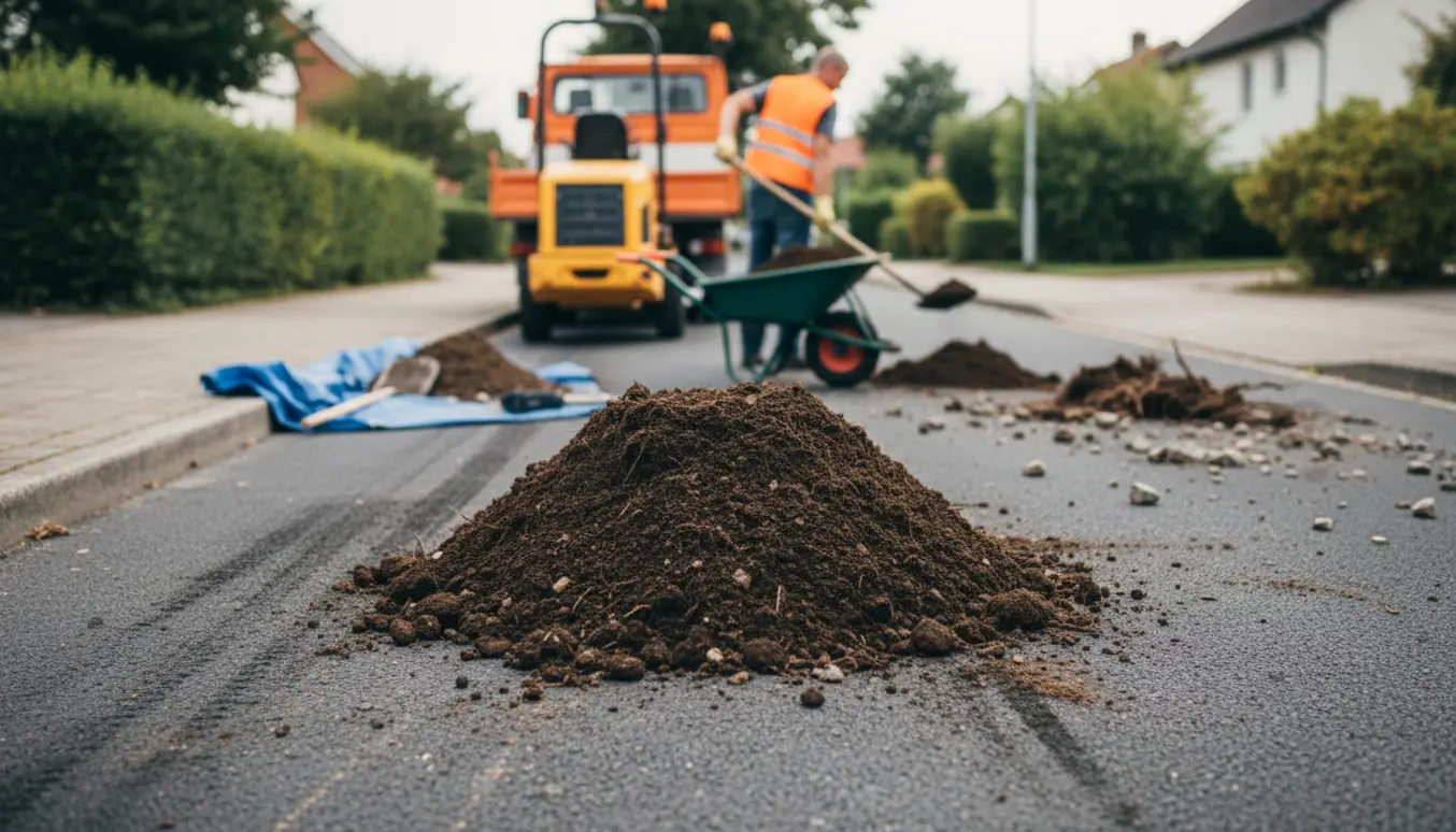En bunke havejord ved kantstenen på en villavej klar til afhentning med skovl og trailer i baggrunden.