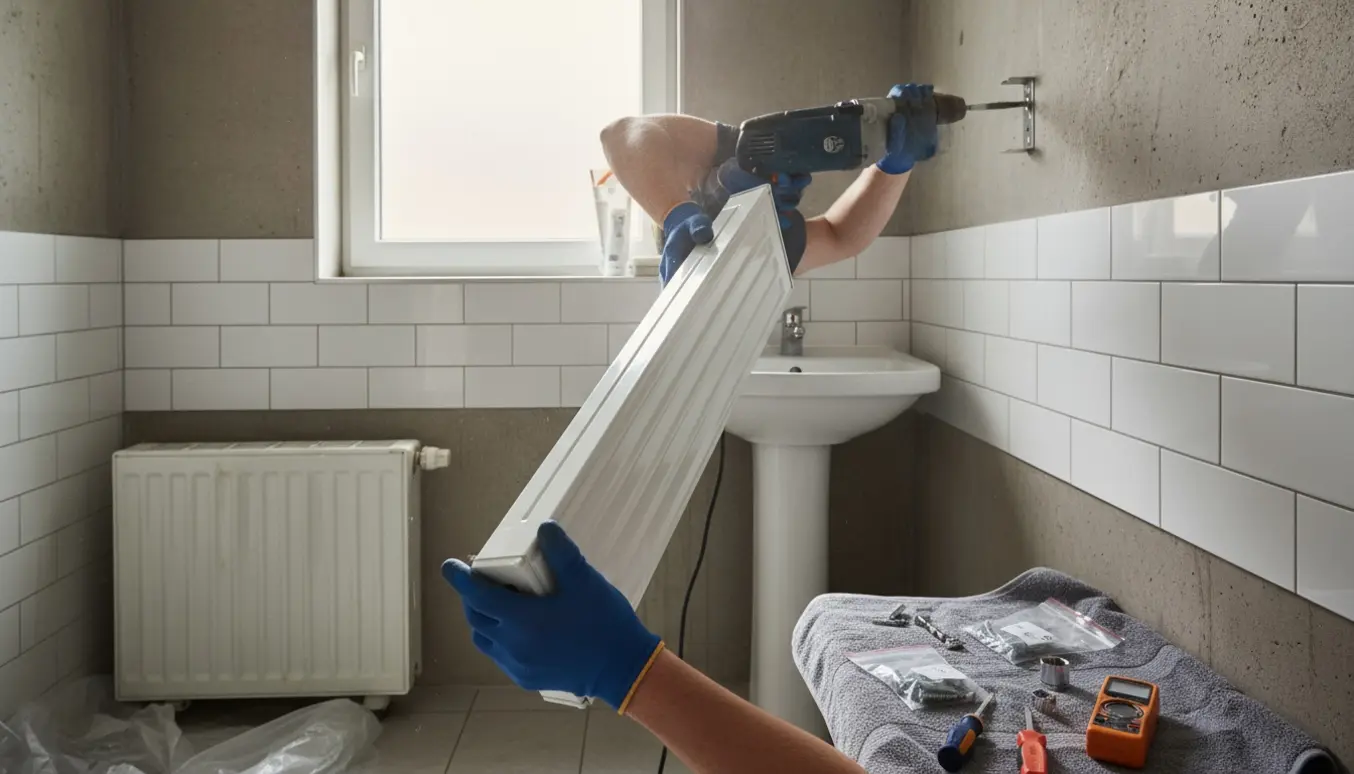 Hænder udskifter en elradiator på et lille gæstetoilet med betonvæg.