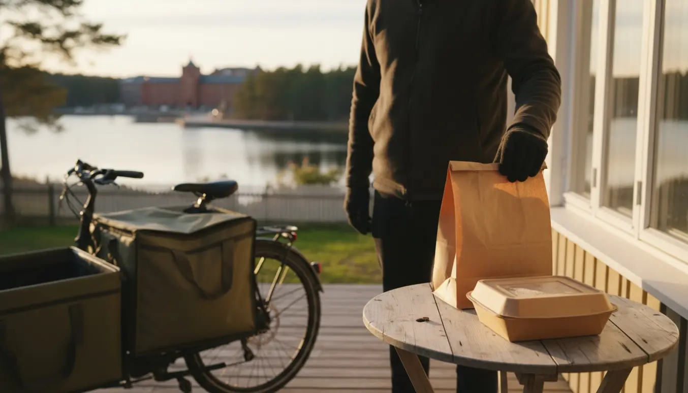 Et cykelbud stiller en papirspose med takeaway på en dørtrin, med byens røde murstensbygninger og en skovsø i baggrunden.
