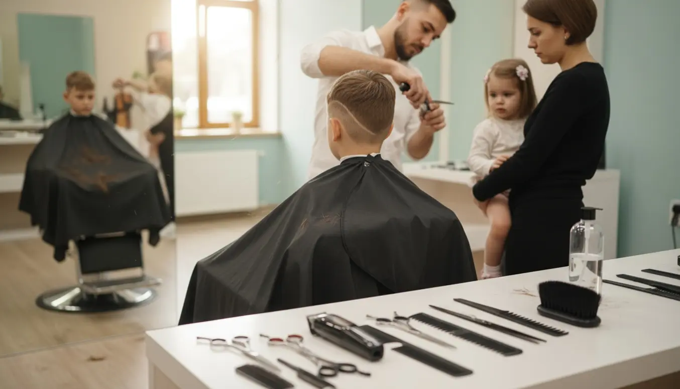 Frisørklipning set bagfra af en 2-årig pige på skødet og en 6-årig dreng, drengen får fade og mønster med barbermaskine.