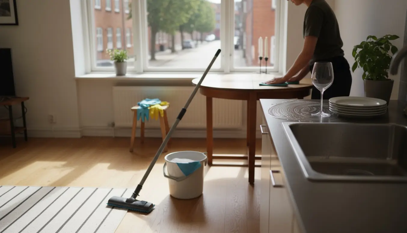 Solbelyst lejlighed i Odense med rengøringsudstyr og en person i gang med at pudse bordet, uden synligt ansigt.