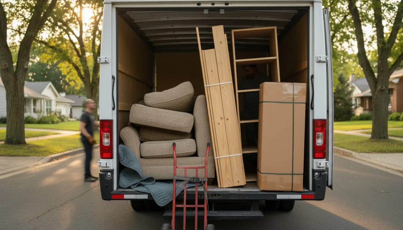 Åben kassevogn fyldt med adskilt gammel sofa, reolplader og sammenbundtede papkasser ved fortovet.