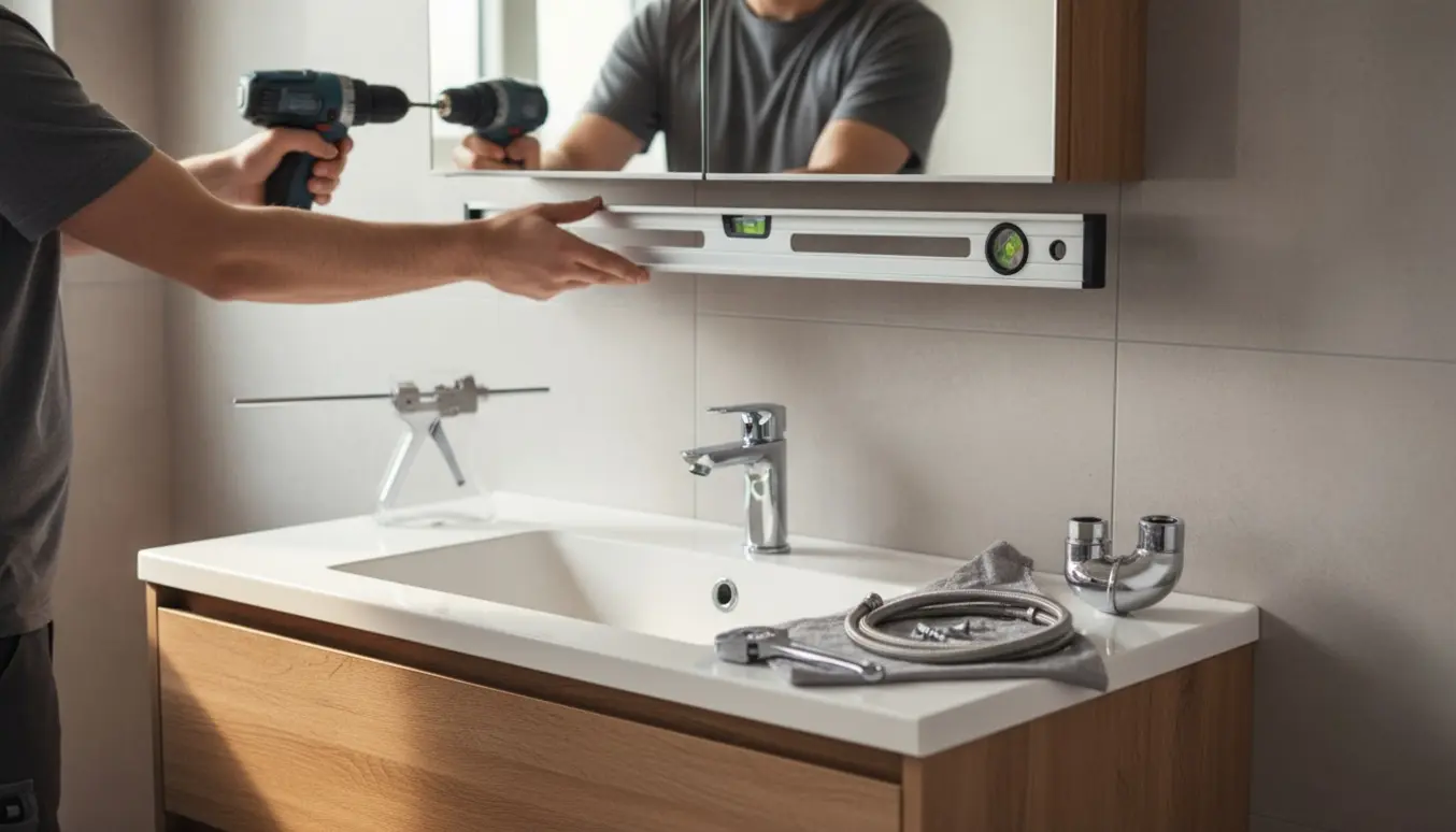 Hænder monterer et spejlskab over et nyt vaskeskab med armatur i et lyst flisebadeværelse.