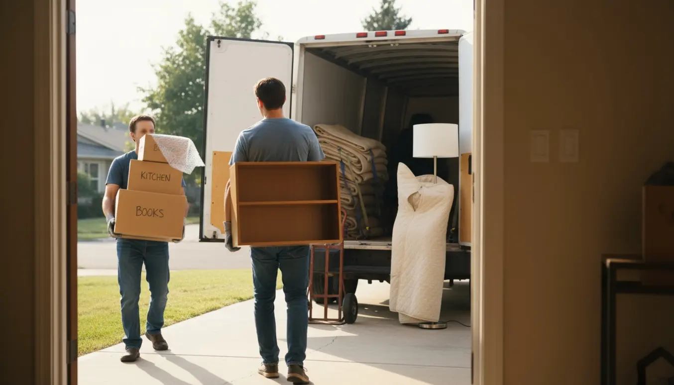 To hjælpere bærer flyttekasser fra en åben flyttevogn foran et hus.