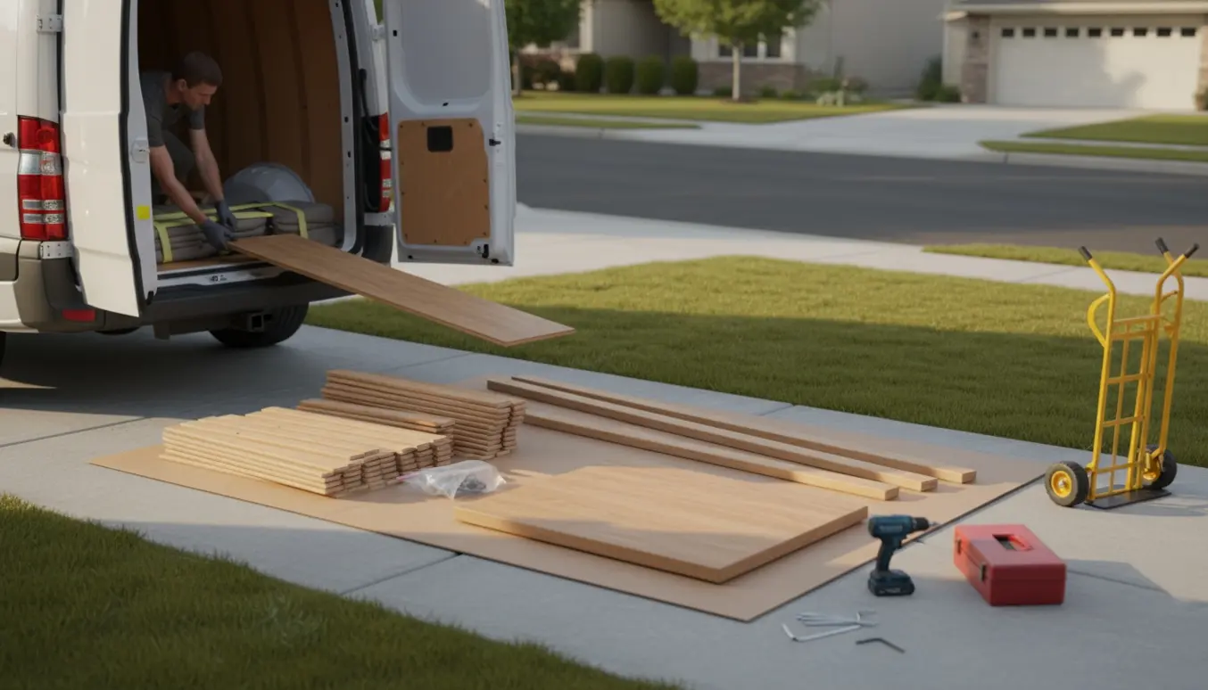 Afmonteret sengeramme stablet ved indkørsel klar til afhentning uden trapper.