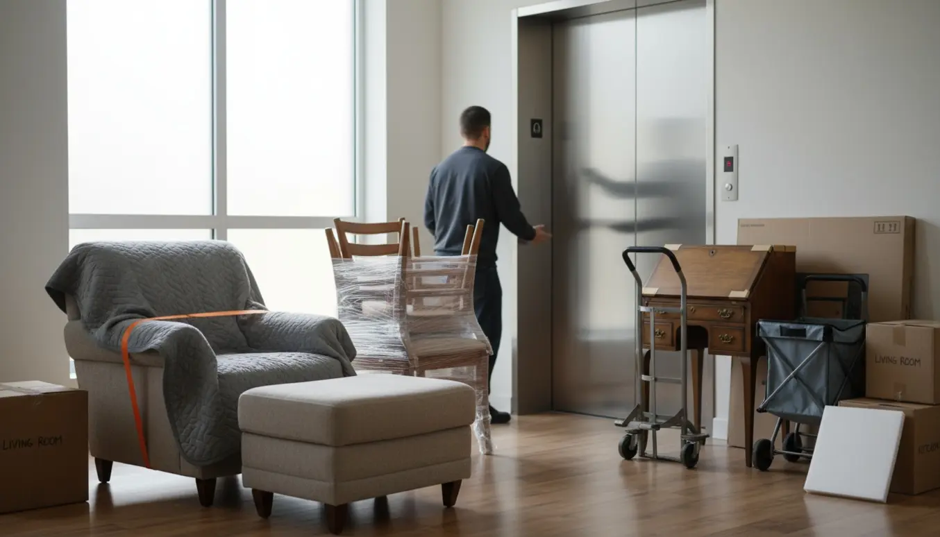 Flyttere læsser en lænestol, spisestole og et skrivebord ind i en elevator på en lys opgang.