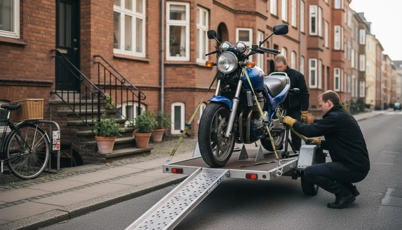 En blå motorcykel spændes fast på en trailer foran en københavnsk boliggade.