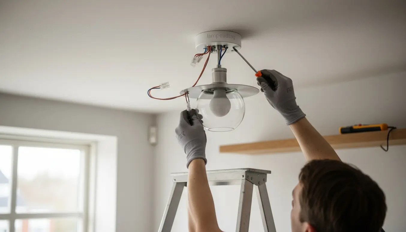 Hænder monterer en let loftlampe ved et lampeudtag på en stige i et lyst opholdsrum.