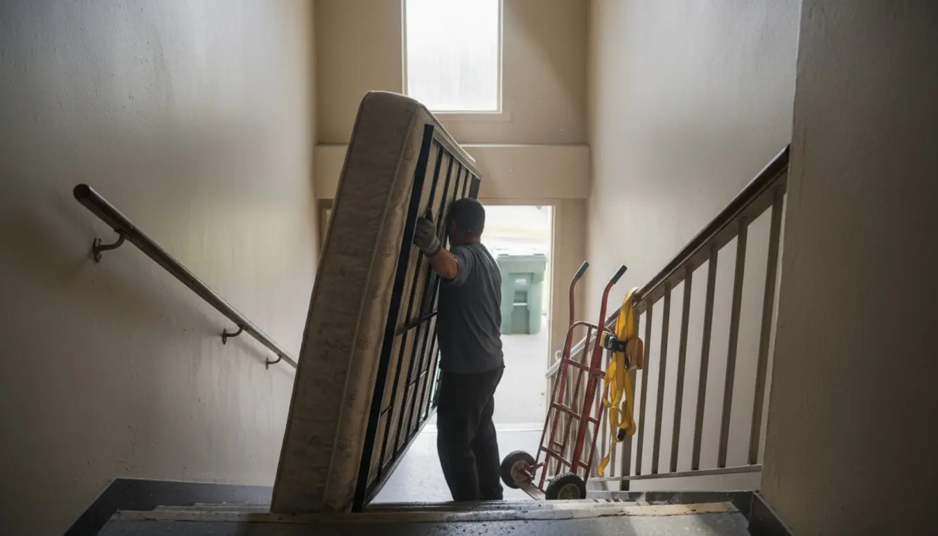 En person fører en 120 cm bred futonmadras og et metalstel ned ad trapperne mod en affaldscontainer i baggrunden.