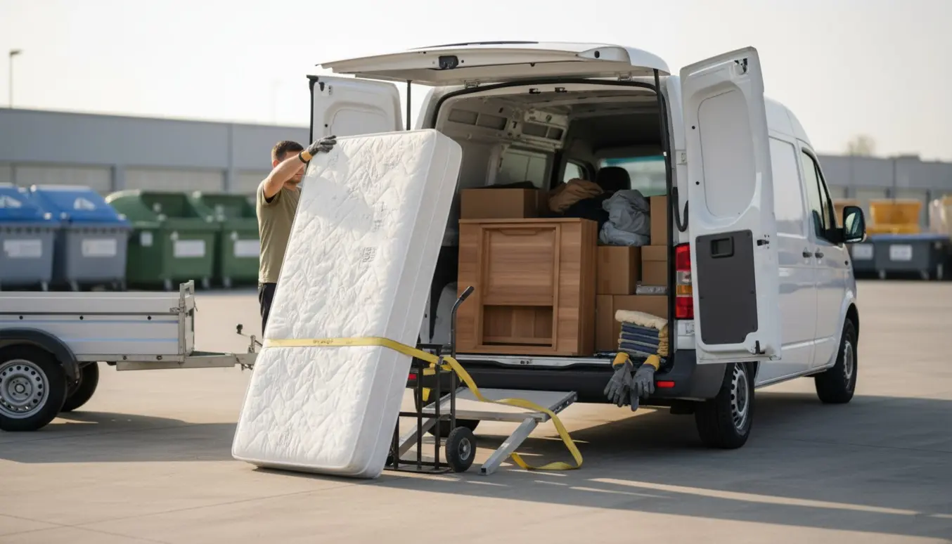 Åben varebil hvor en person læsser en madras, et lille spisebord og kasser til genbrugspladsen.