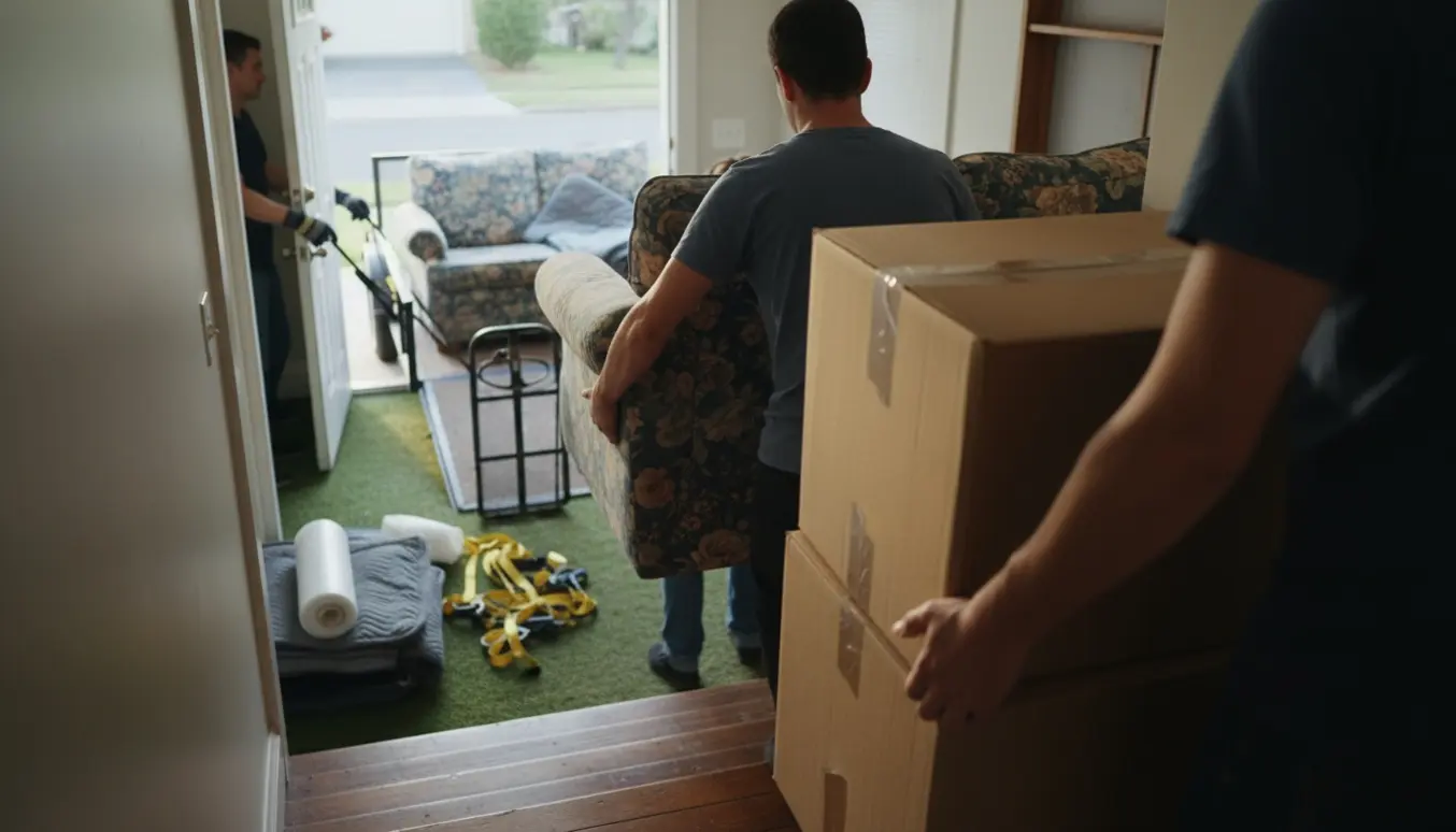 Gammel sofa bæres ned ad trappe og læsses i trailer, mens en ny sofa i to kasser bæres op ad trappen.