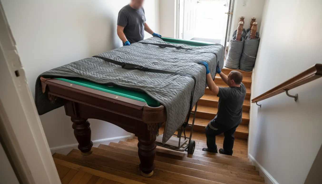 Poolbord på 14 cm tyk plade bæres forsigtigt ned ad en smal trappe mod kælderen med dækkede kanter og afmonterede ben.