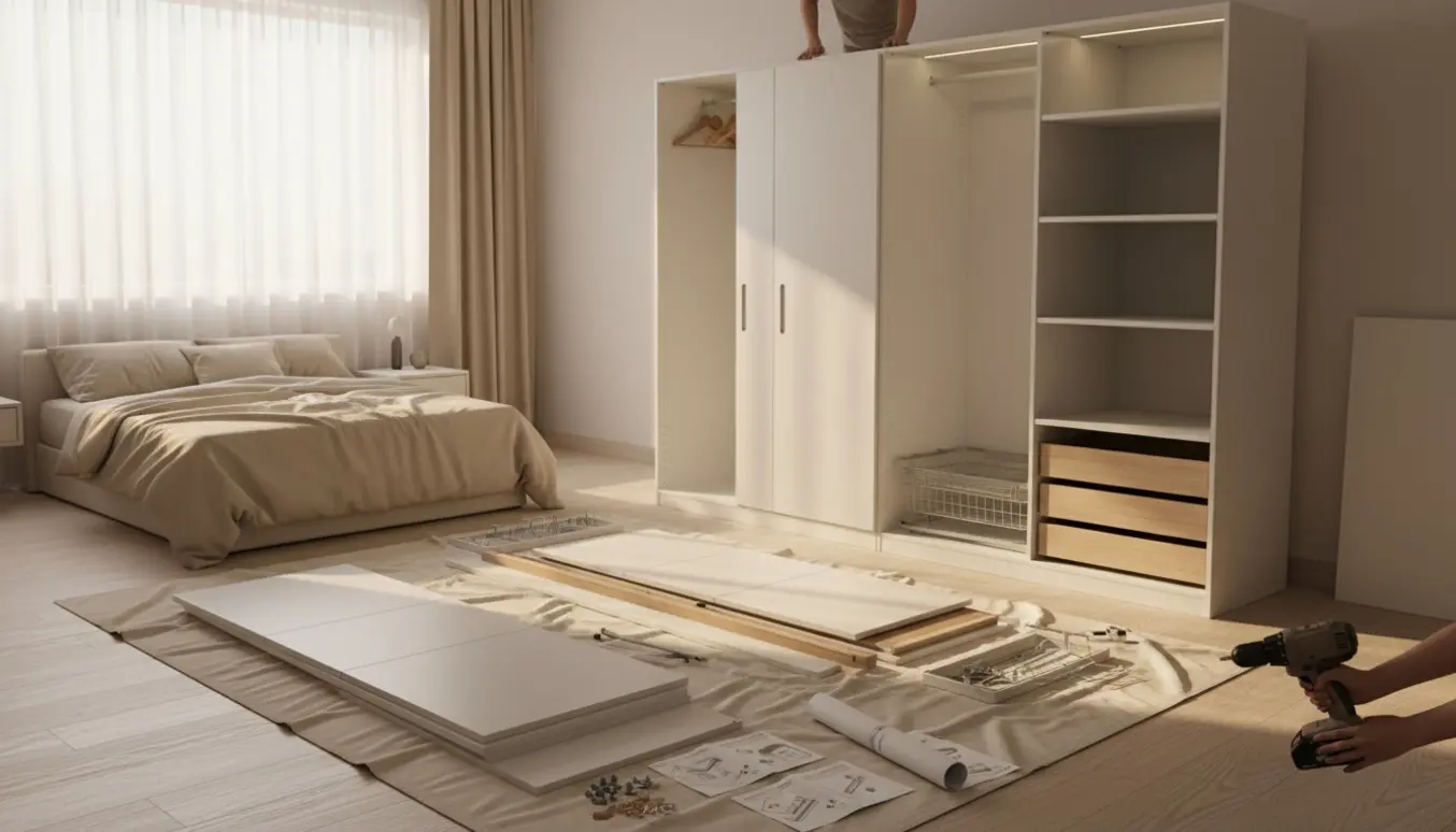 Hænder samler et 2x3-dørs klædeskab og installerer indvendig belysning i et lyst soveværelse.