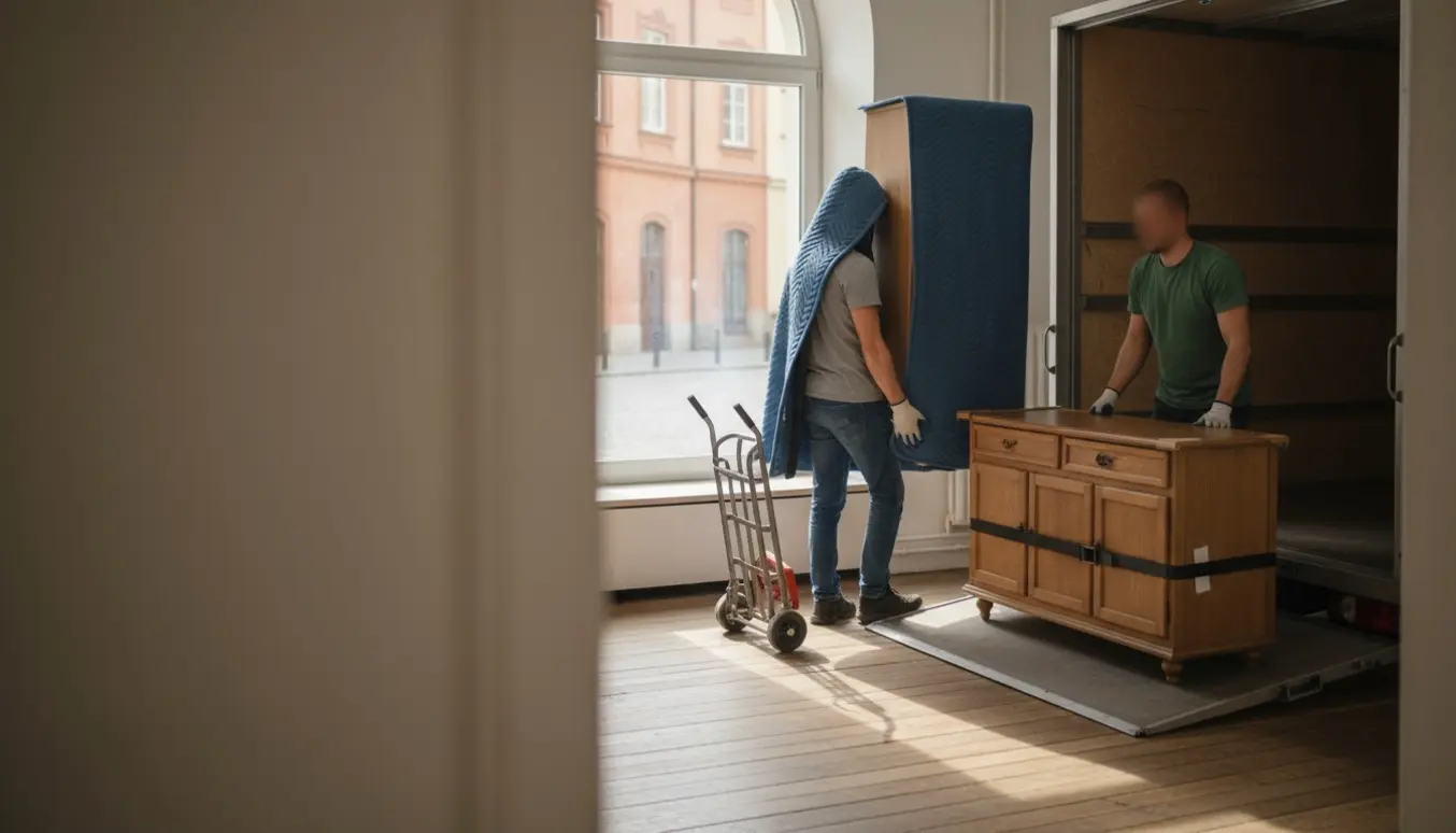 To mænd bærer et nedtaget klædeskab ud af en lejlighed mod en ventende flyttevogn.