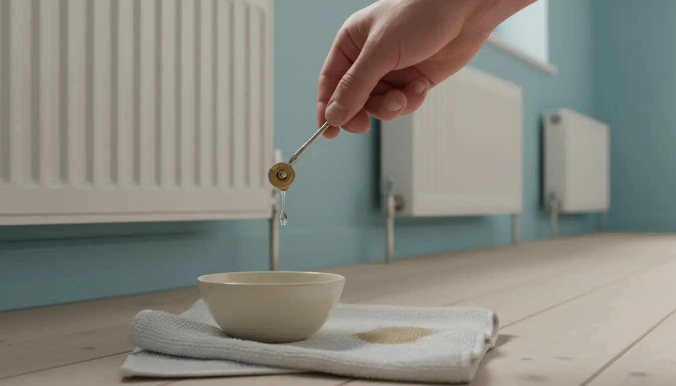 Hånd udlufter en radiator med radiatornøgle, mens tre andre radiatorer ses sløret i baggrunden.