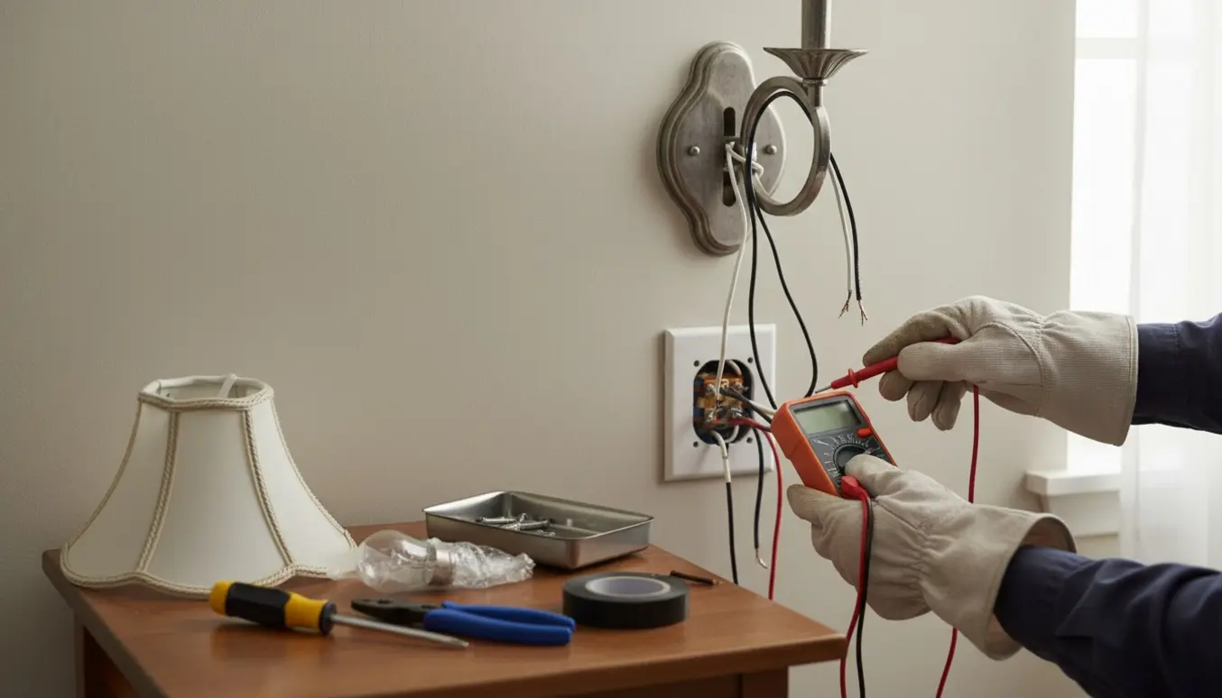 Hænder tester en væglampe og et åbent eludtag med multimeter og værktøj.