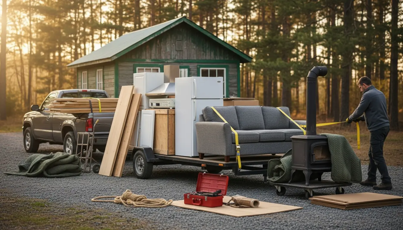 Pickup og trailer ved sommerhus med træbrædder, køkkenelementer, brændeovn og sofa klar til afhentning.