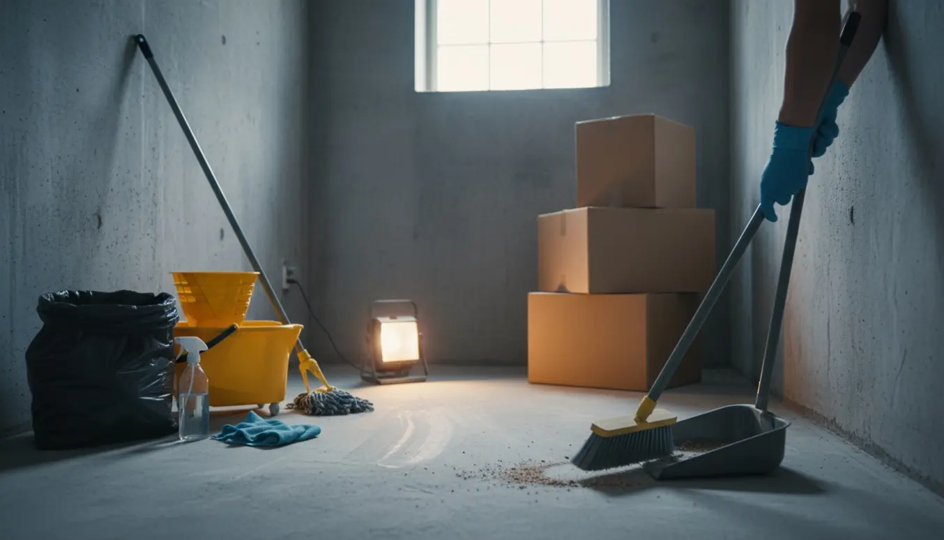 Hænder rydder og rengør et lille kælderrum med flyttekasser og rengøringsudstyr.