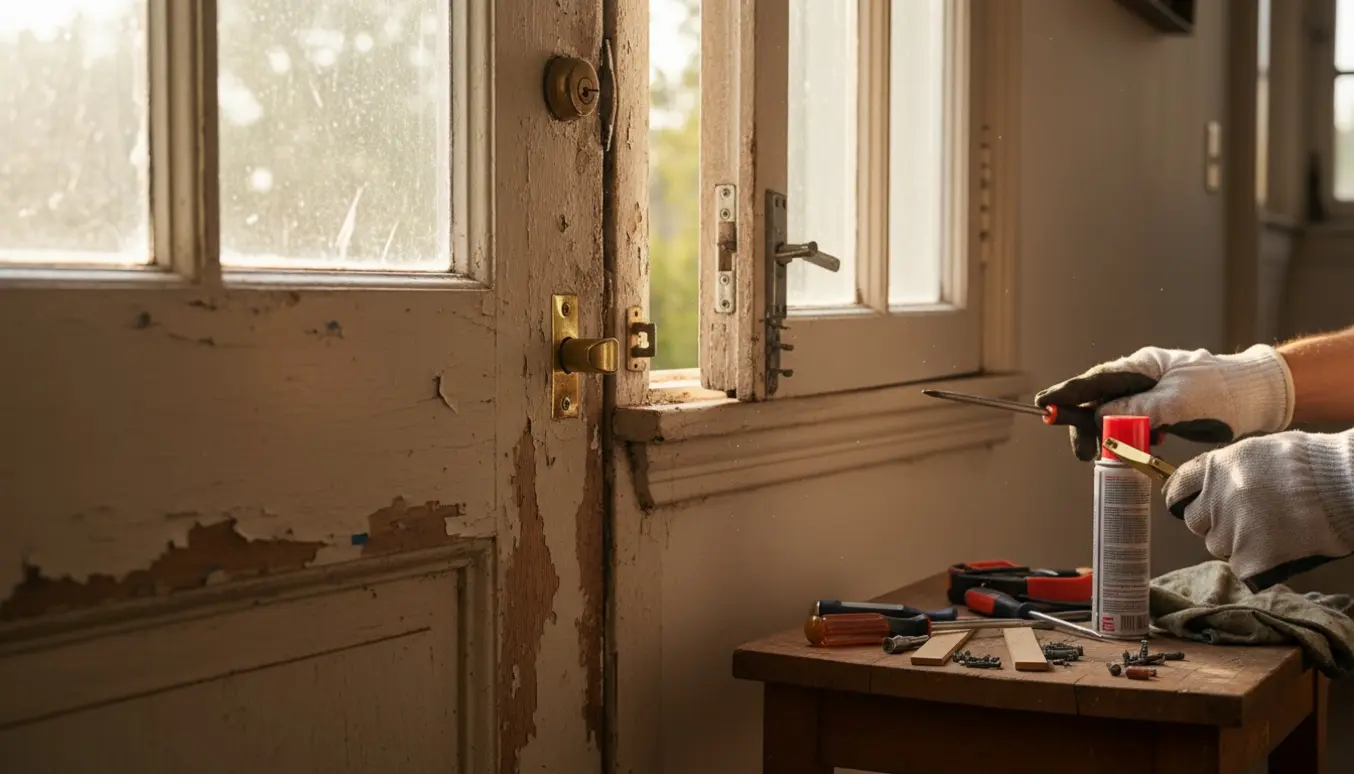 Gammel dør og vindue med defekte låsemekanismer og værktøj klar til reparation.