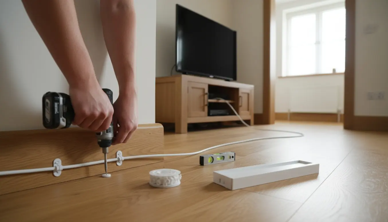 Hænder fastgør et tv-kabel langs fodpanelet mellem to rum med kabelklips og værktøj.