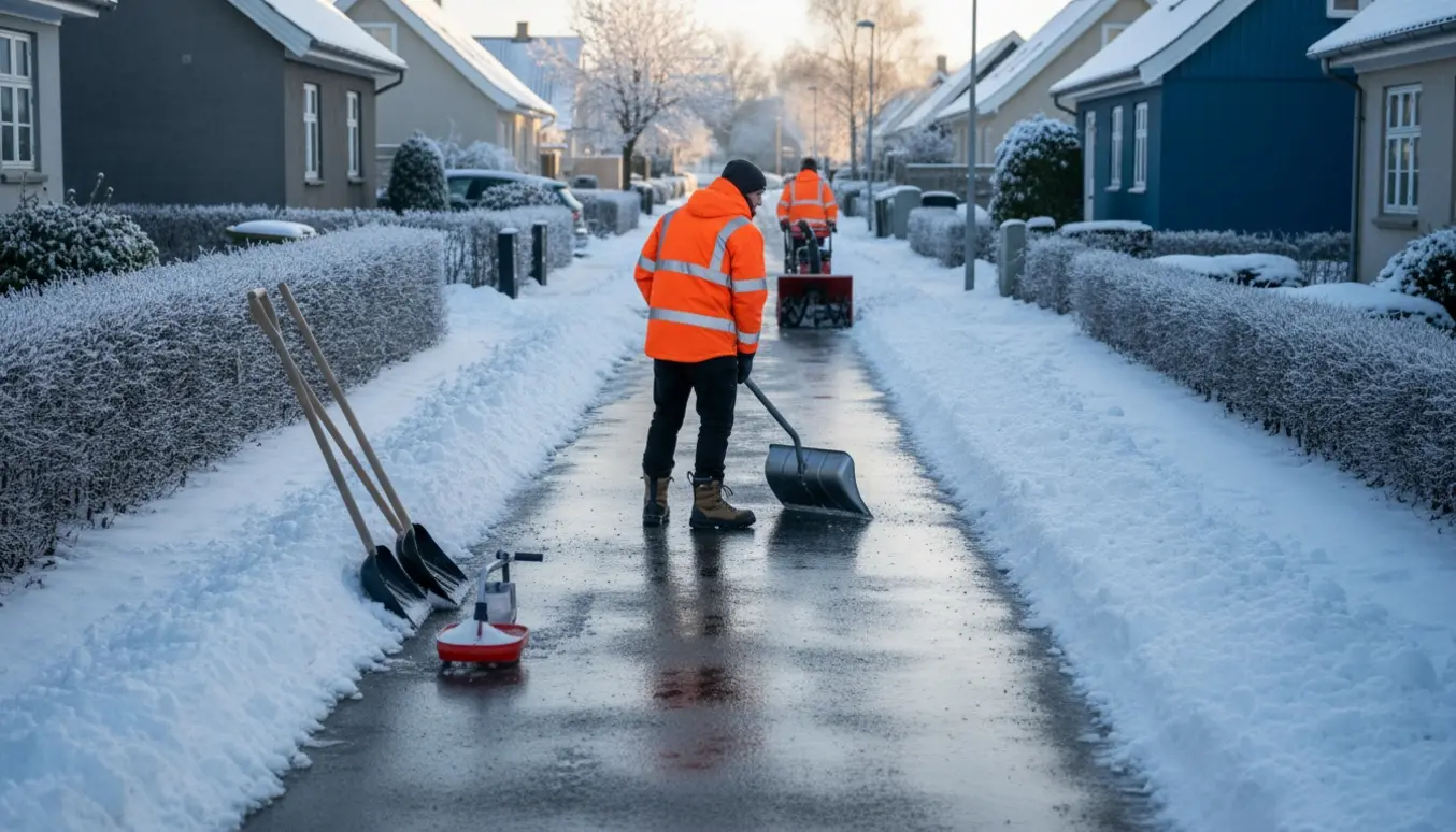 Ryddet fortov i vinterscene med snedriver, skovl og snefreser.
