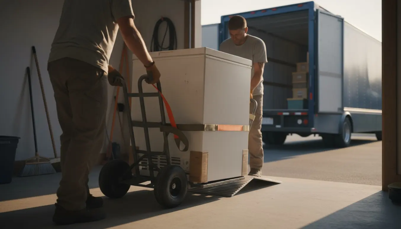 En kummefryser bæres ud af en garage på en håndtruck mod en varebil.