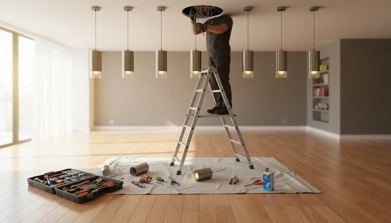 En håndværker på en stige afmonterer en loftslampe med værktøj, mens fem andre lamper ses i rummet.