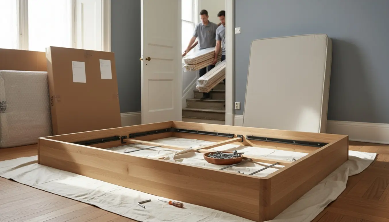 Delvist samlet seng i lyst værelse med værktøj, kassebunke og flyttere i en smal trappeopgang.