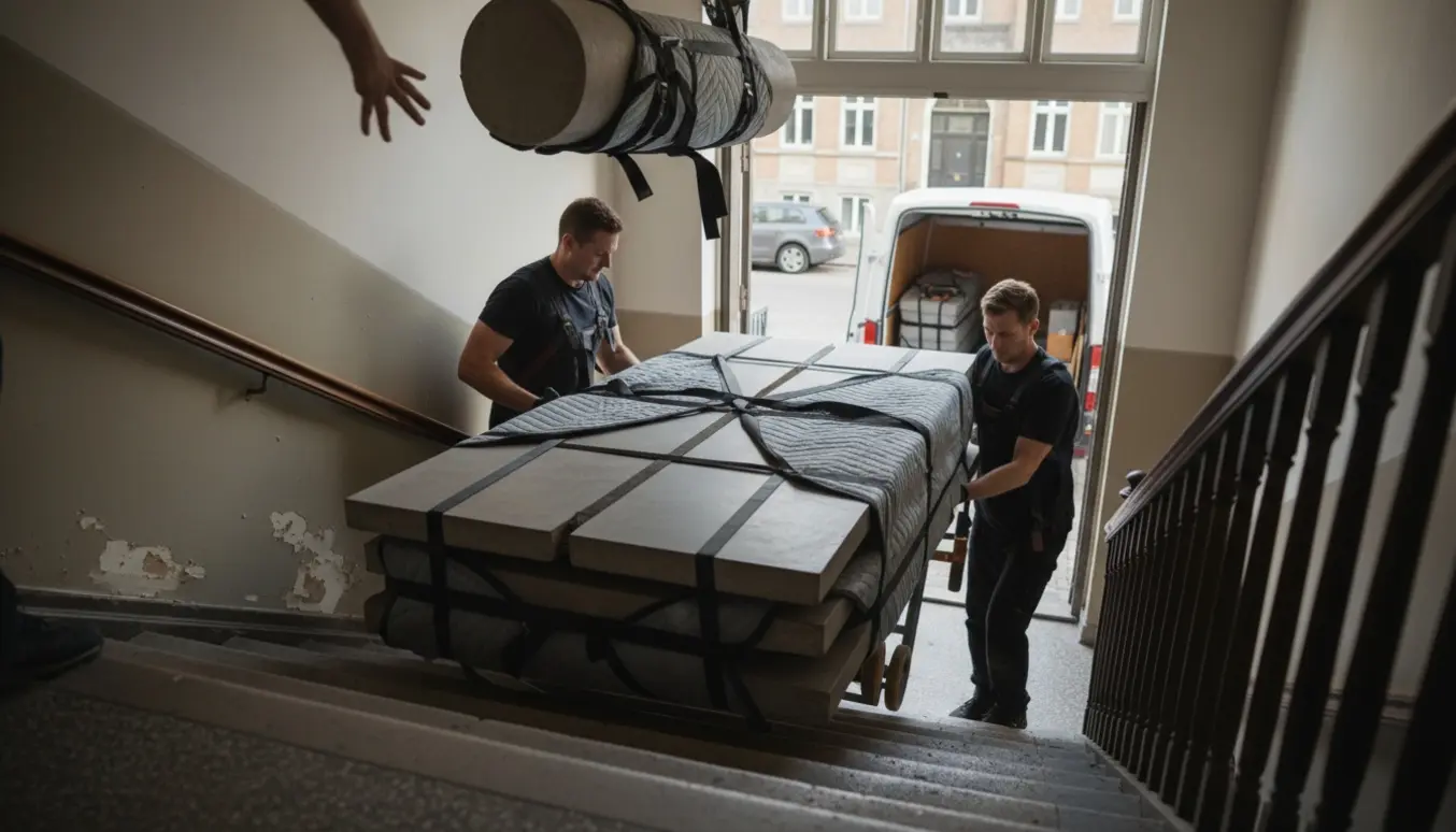 Flyttefolk bærer tre indpakkede cementborddele ned ad en trappe mod en varebil i en københavnsk gade.