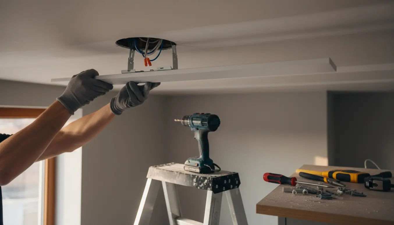 Hænder monterer en slank lineær lampe i et gipspladeloft med stige og værktøj.
