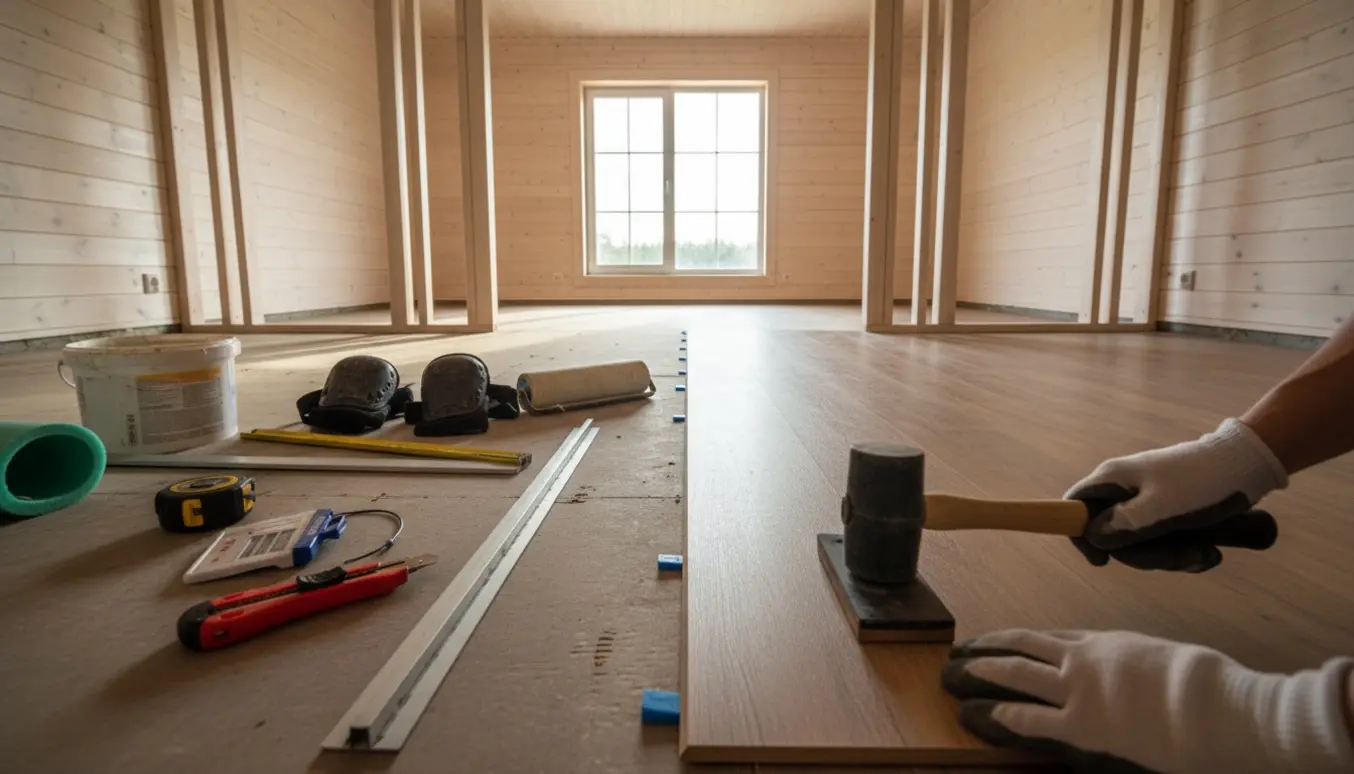 Delvist lagt vinylgulv i et lyst sommerhusrum med masonitunderlag og håndværktøj i forgrunden.